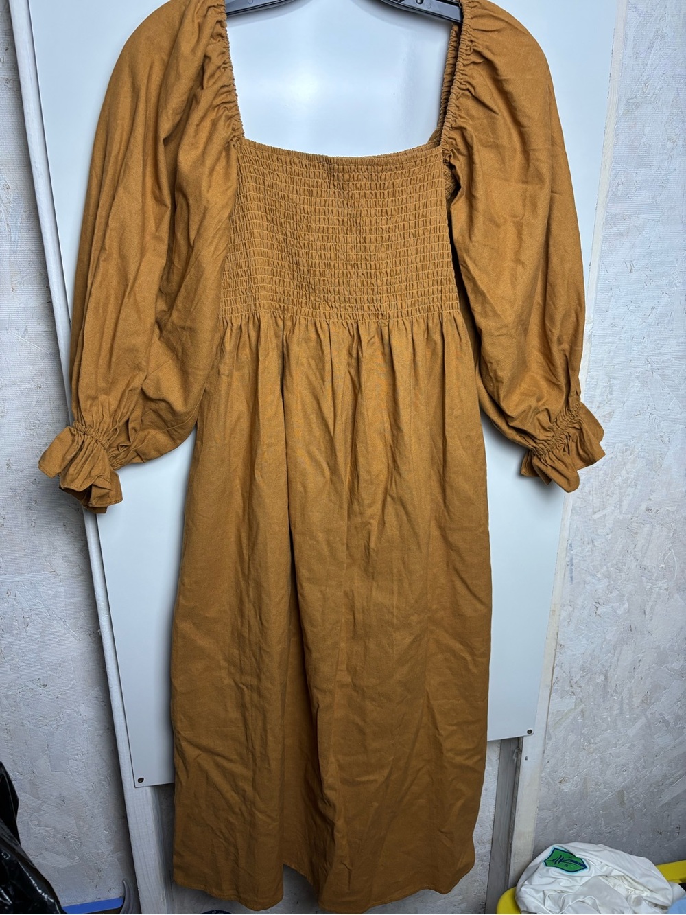 Smocked Square-Neck Midi Dress in Mustard